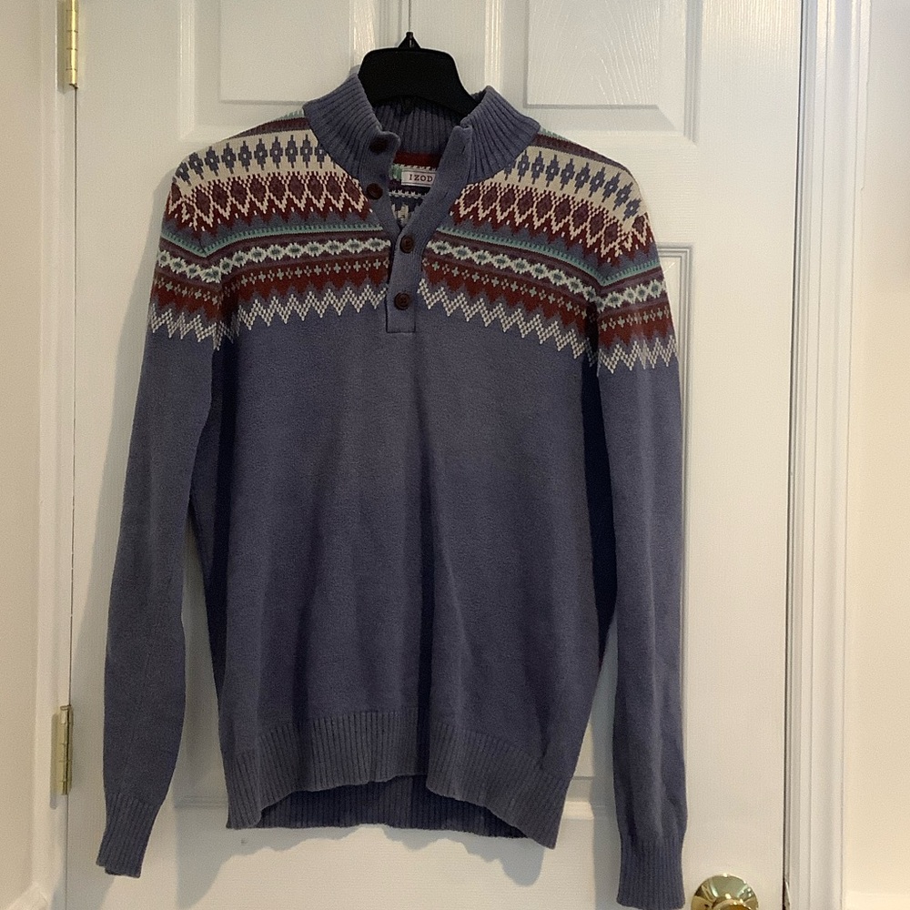 IZOD Mens 100% Cotton Blue 1/4 Button Academic Preppy Eclectic Grandpa Sweater L
